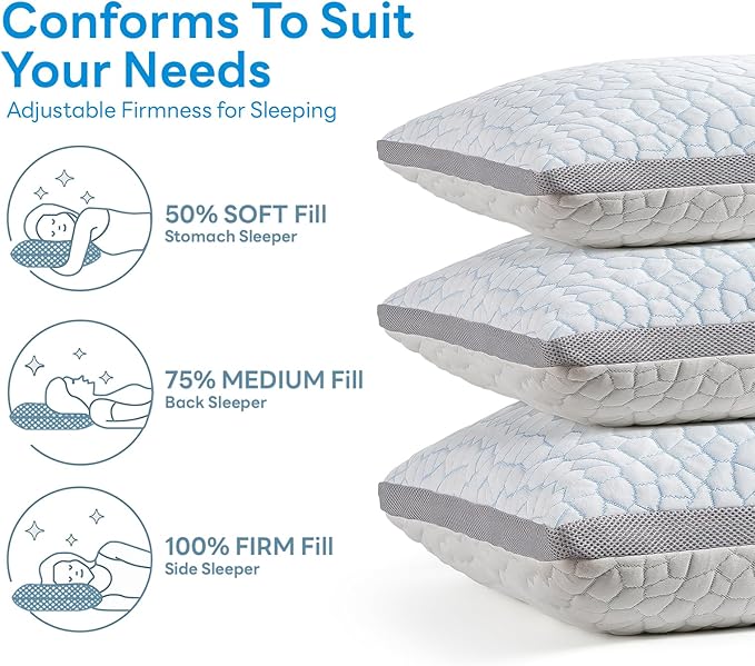 Cooling Pillows for Sleeping Queen Size Set of 2,Shredded Memory Foam Bed Pillow with Pillow Case-Double Sided Material,Adjustable Loft Queen Pillow for Side & Back Sleeper-Medium Firm