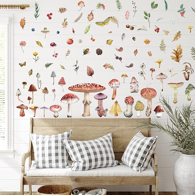 200 Pieces Watercolor Mushroom Wall Decals Woodland Mushroom Decals for Walls Aesthetic Mushroom Stickers Colorful Mushroom Kitchen Decor Fall Leaf Wall Stickers for Baby Kids Girls Bedroom Nursery