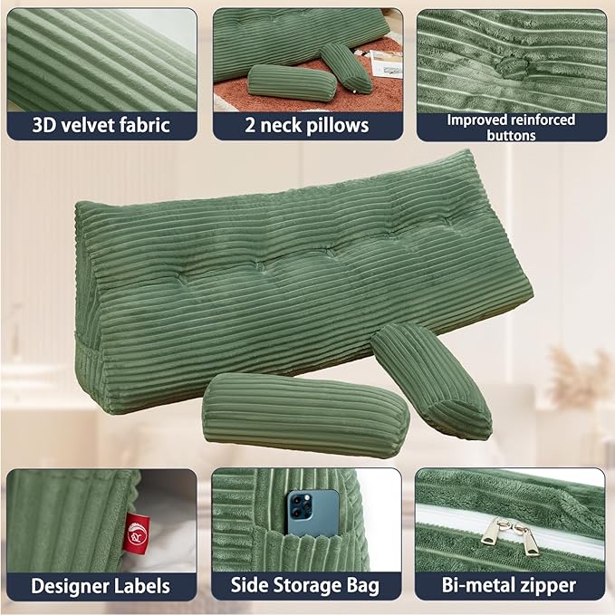 Headboard Wedge Pillow with 2 Pack Neck Roll Pillow Large Headboard Pillow Soft and Supportive with Removable Cover (sage Green, Twin: 39x8x20 Inches)