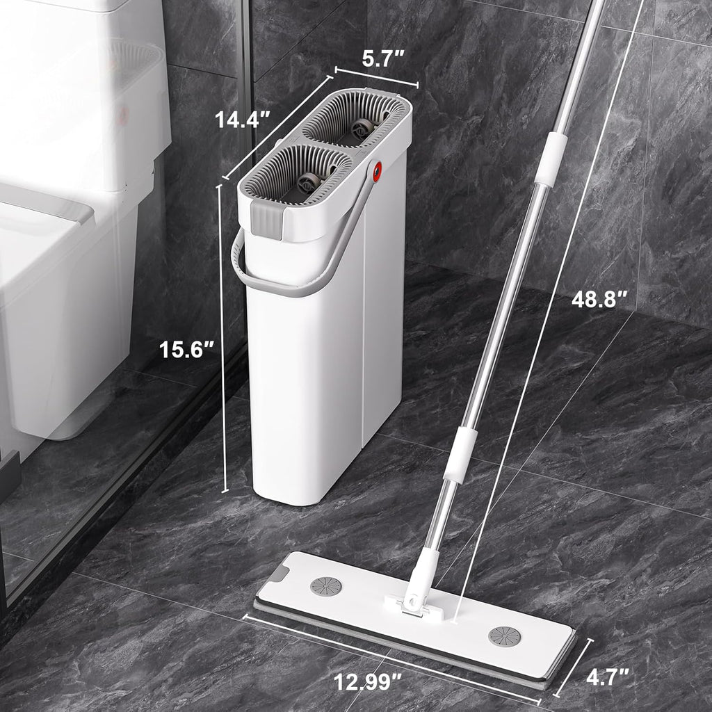 JOYBOS Mop and Bucket Set for Home Floor Cleaning, Hands Free Flat Mop, Stainless-Steel Handle, 6 Washable & Reusable Microfiber Pads