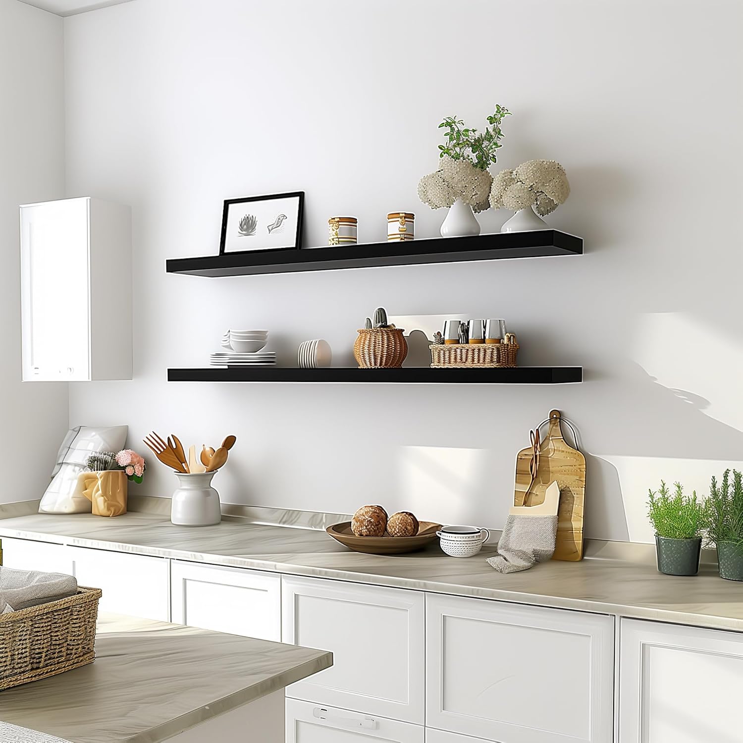 48 Inch Floating Shelves for Wall Rustic Black Wood Wall Shelves for Bedroom Set of 4