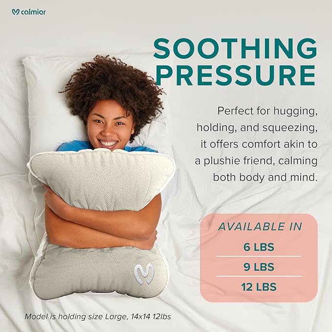 Calmier - 9 lb Sensory Weighted Pillow - Glass Bead Filled Hug Pillow - Ultra Plush Cozy Weighted Pillows for Adults and Kids - Child Sensory Pillow - Weighted Lap Pad (Tan - Fleece, 9 LBS)