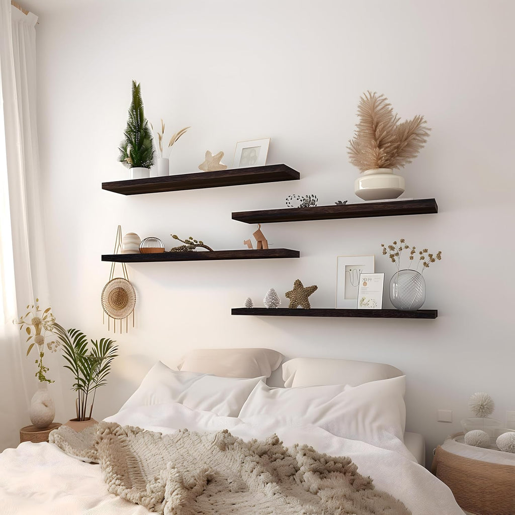 24 Inch Floating Shelves for Wall Rustic Brown Wood Wall Shelves for Bedroom Set of 4