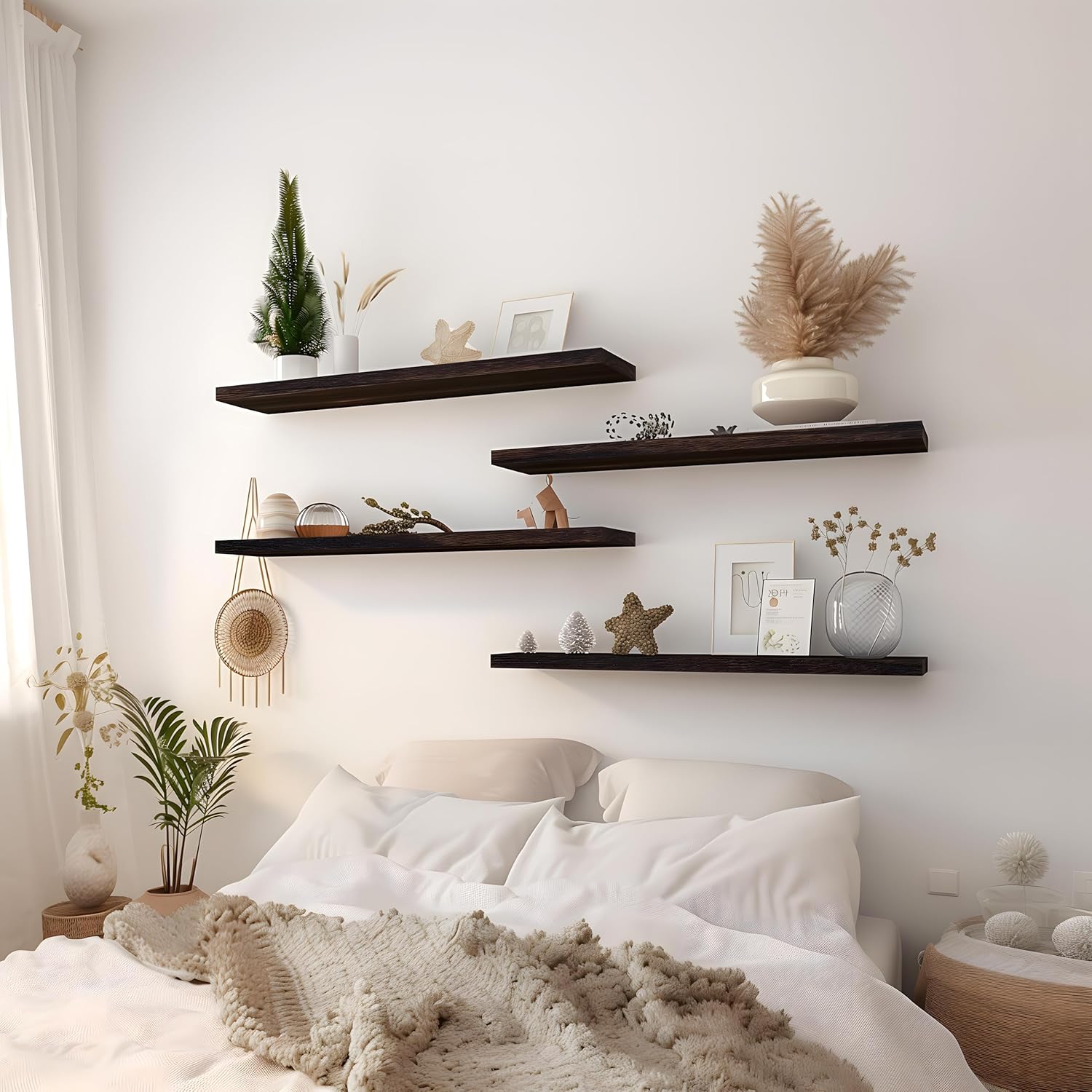24 Inch Floating Shelves for Wall Rustic Brown Wood Wall Shelves for Bedroom Set of 4