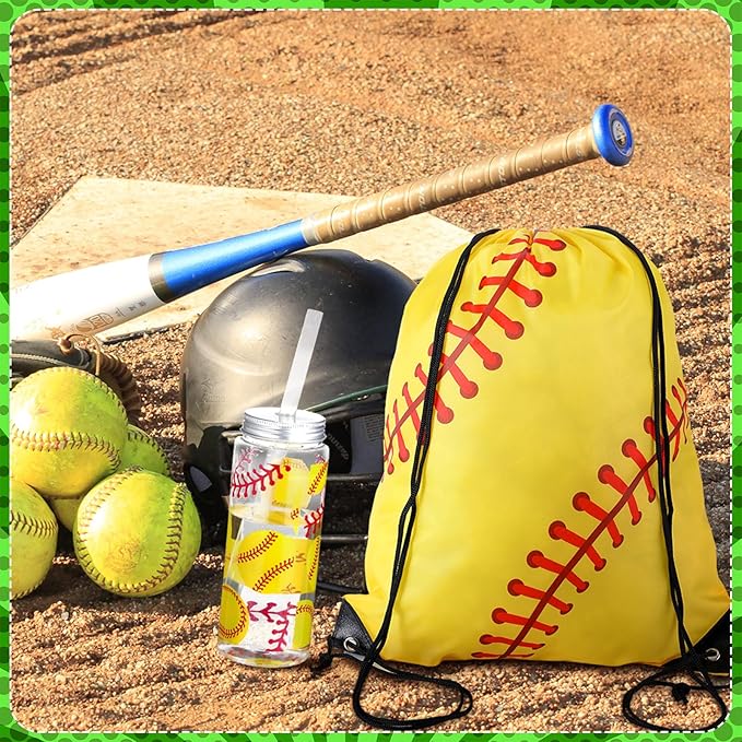 40 Pcs Softball Team Gifts Include Softball Drawstring Bag Softball Cups with Lid and Straw 14.2 oz Reusable Clear Plastic Drinking Cups for Birthday School Sport Decorations Party Supplies