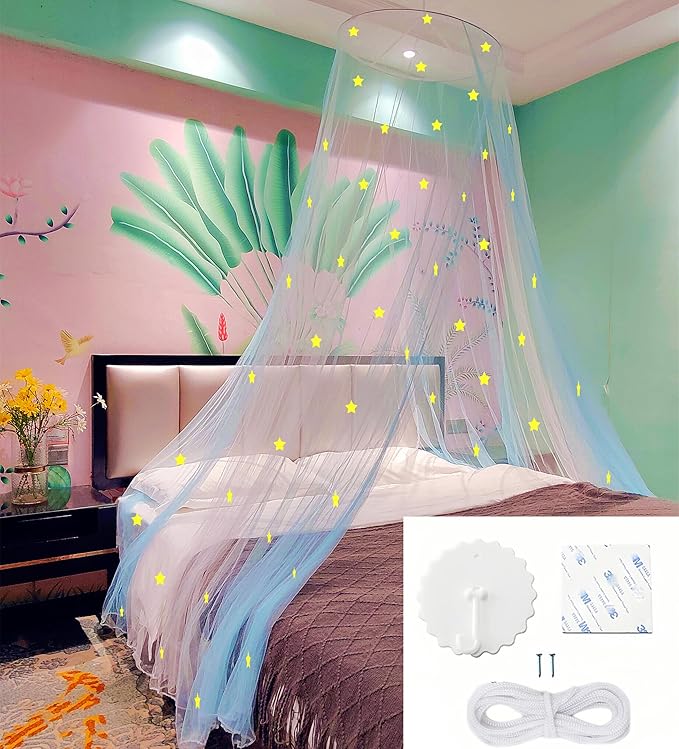 Eimilaly Two-Tone Bed Canopy Glow in The Dark White Blue, Mosquito Net Bed Canopy for Girls Room Decor, Single Door