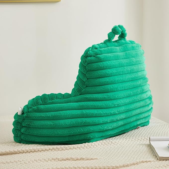Faux Fur Fluffy Emerald Reading Pillow with Pockets, Luxury Striped Plush Decorative, Arm Rests and Back Surport for Bed Rest, Lounging on sofa, Standard