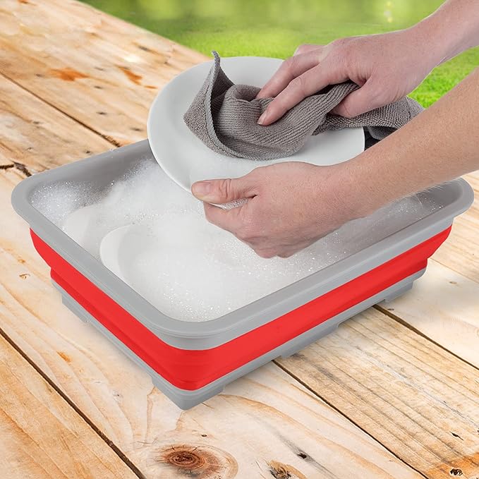 Set of 2 Multipurpose Wash Bins – 10-Liter Basins for Camping, Parties, or Cleaning – Collapsible Bucket Set by Wakeman (Red)