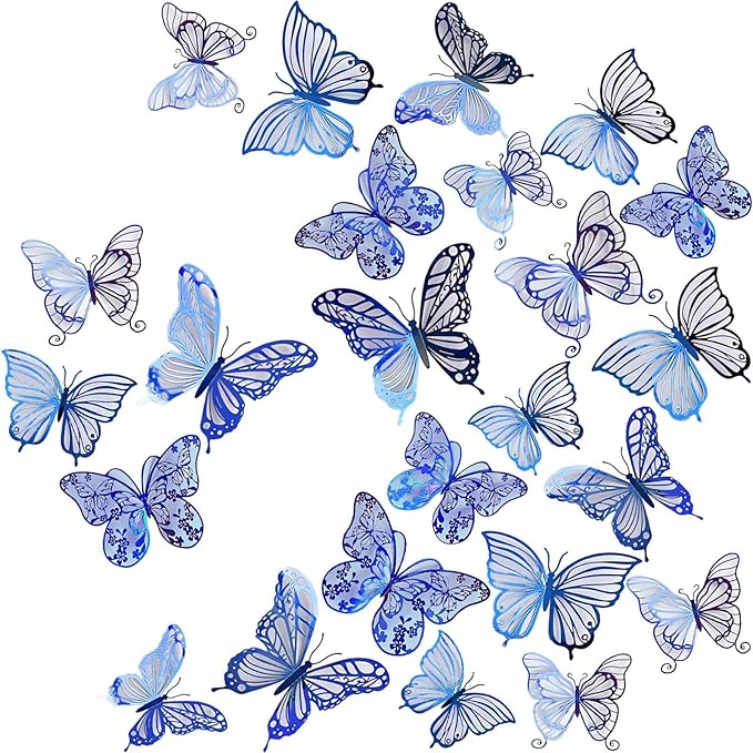 3D Butterfly Wall Decor 3 Sizes 4 Styles, Kurilai 48Pcs Butterfly Decorations Party Birthday Cake Decoration, Removable Wall Stickers for Kids Nursery Wedding Bedroom Room Decor (Blue)