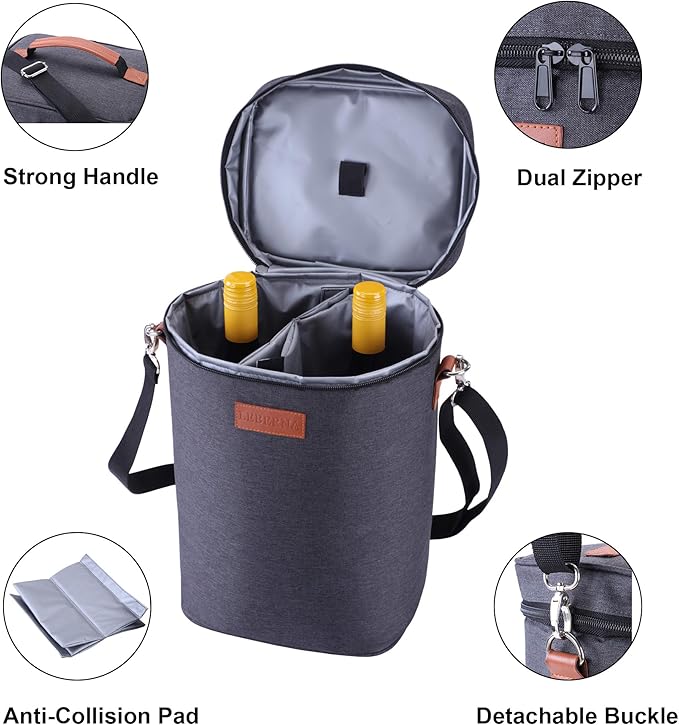 4 Bottle Wine Gift Carrier - Travel Padded Insulated Wine Cooler Bag with Handle and Adjustable Shoulder Strap, Great Wine Lover Gift