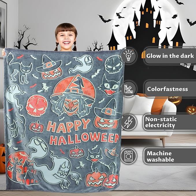 Halloween Blanket Pumpkin Throw Blanket Witchy Blanket Glow in The Dark for Kids Adults Halloween Decorations 50"x60"