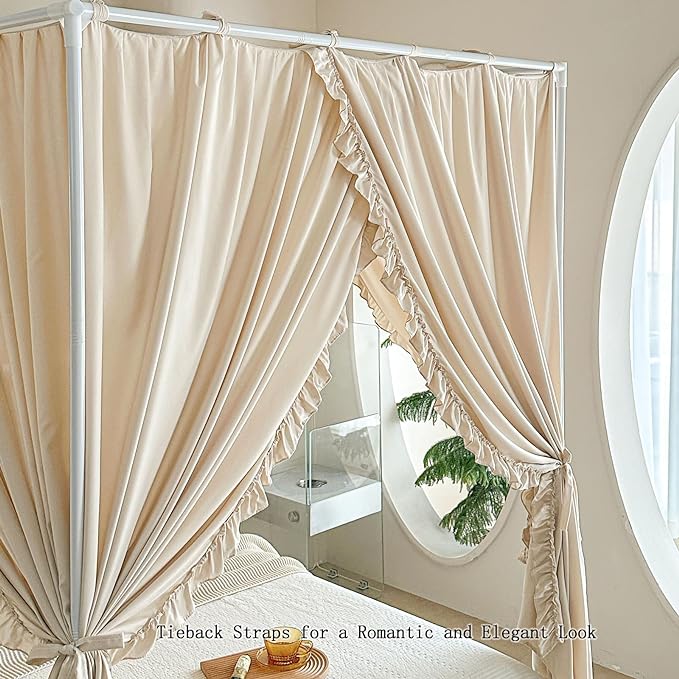 AIKASY Princess Canopy Bed Curtains with Top Ties - Windproof & Lightproof for Girls' Adult Bedroom Decor | Bed Canopy Drapes (Queen,Khaki)