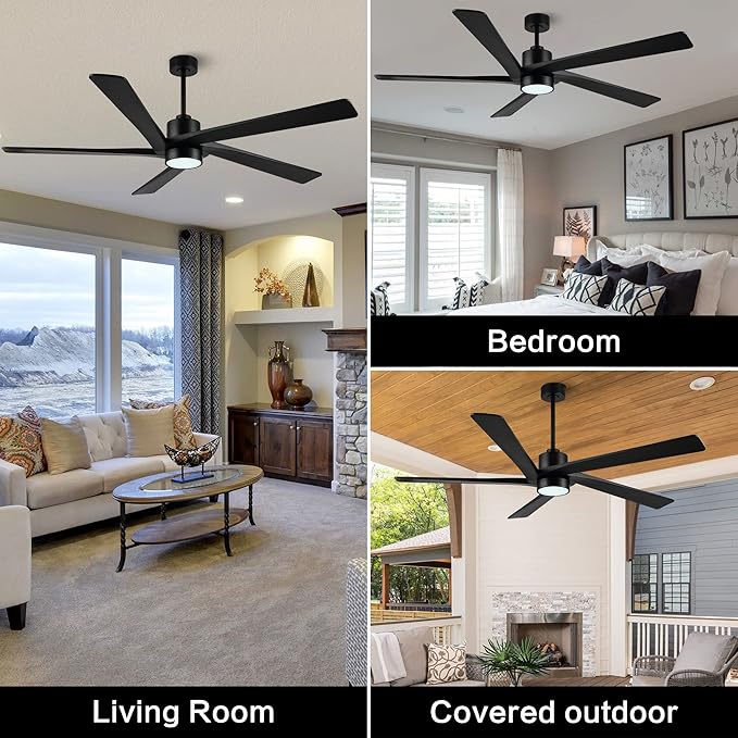 WINGBO 64" DC Ceiling Fan with Lights, 5 Carved Solid Wood Blades, 6-Speed Reversible DC Motor, Matte Black Finish Ceiling Fan with Remote, Black