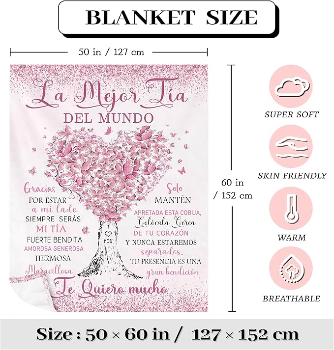 Regalos para Tía, Aunt Gifts in Spanish, Auntie Gift Ideas Blanket 60"x50", Best Aunt Ever Gifts, Gifts for Aunt/Tia, Aunt Birthday Gifts, Gifts for Aunts from Niece/Nephew, Best Auntie Gifts