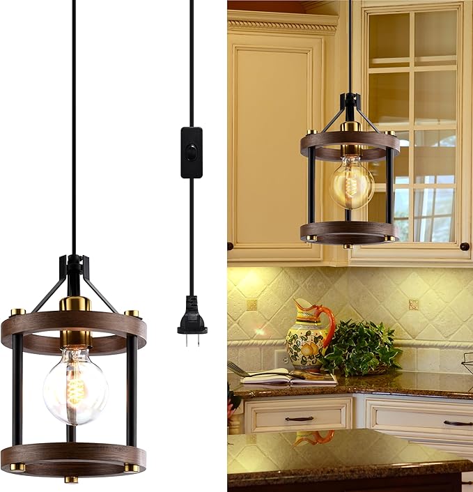 MO&OK Chandelier Vintage Pendant Light Fixture, Wood Color Farmhouse Wooden Metal Chandeliers, Open Frame Hanging Lighting for Diningroom,Bar, Entrance Hall, Kitchen Island H10.6 xD6.7-1 Light
