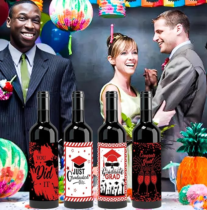 24Pcs Graduation Gift Wine Labels Congrats Grad Wine Bottle Stickers Graduation Party Waterproof Wine Bottle Decoration Cover for College Congrats Graduation Party Decorations, 4 Design