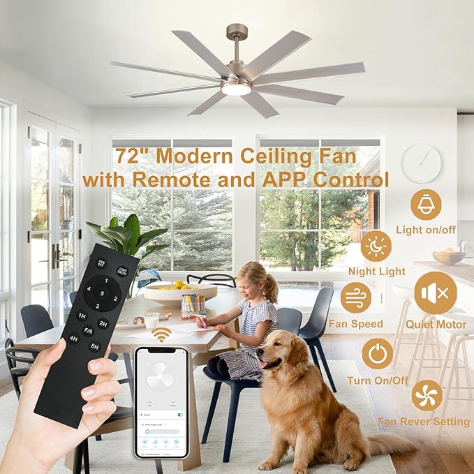 Depuley 72" Reversible Modern Ceiling Fan with Remote and APP Control, 3 CCT Dimmable Industrial Ceiling Fans with Light, Outdoor LED Ceiling Fan for Patios Factory Warehouse Living Room, Nickel