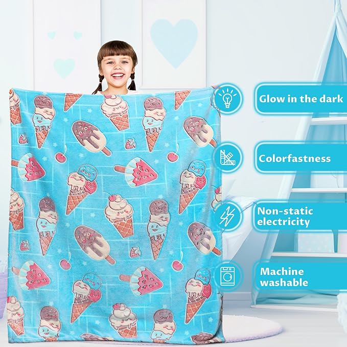 Funny Blanket Glow in The Dark Blankets for Girls Cute Ice Cream Blanket Birthday Gifts for Kids Toddlers Soft Warm Cozy Cute Food Blankets Home Decor Glowing Blanket