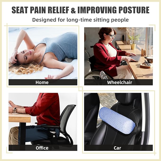 Lumbar Roll Pillow for Lower Back, Lumbar Support Foam Roll Cushion with Pillowcase and Upgraded Strap for Office, Chair, Car, Seat Pain Relief & Improving Posture (Light Blue, Short-11*4.3'')