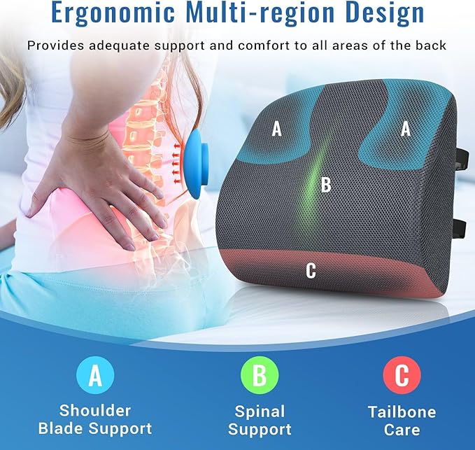 Lumbar Support Pillow for Office Chair Car Seat Cushion for Lower Back Sciatica Pain Relief Firm Memory Foam Pillows Wedge Chairs Cushions with Dual Straps (Mesh Grey)