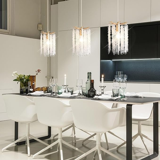 MO&OK Plug in Crystal Chandelier 3 Light with 15Ft Cord Modern Pendant Light for Bedroom Mini Antler Hanging Lamp for Kitchen Island Dinning Bedrooms and Hallway