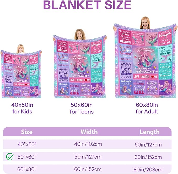 Little Mermaid Blanket, Mermaid Gifts for Girls, Birthday Gifts for Girls, Mermaid Blanket, Girl Birthday Gift Ideas Mermaid Birthday Decorations Blanket 50x60 in