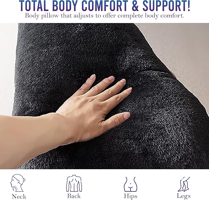 Memory Foam Body Pillow (Black, 20 x 54 Inch) - Full Body Pillows for Adults - Large Body Pillow Insert with Pillowcase for Back & Side Sleepers, Black Silk Body Pillow Cover & Silk Bonnet