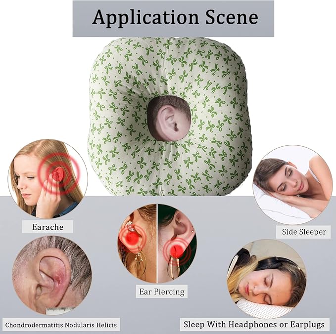 Ear Piercing Pillow for Side Sleepers, Pillow with an Ear Hole for CNH and Ear Pain Ear Inflammation Pressure Sores, O-Shaped Side Sleeping Pillow, Ear Guard Pillow(Green Flower)