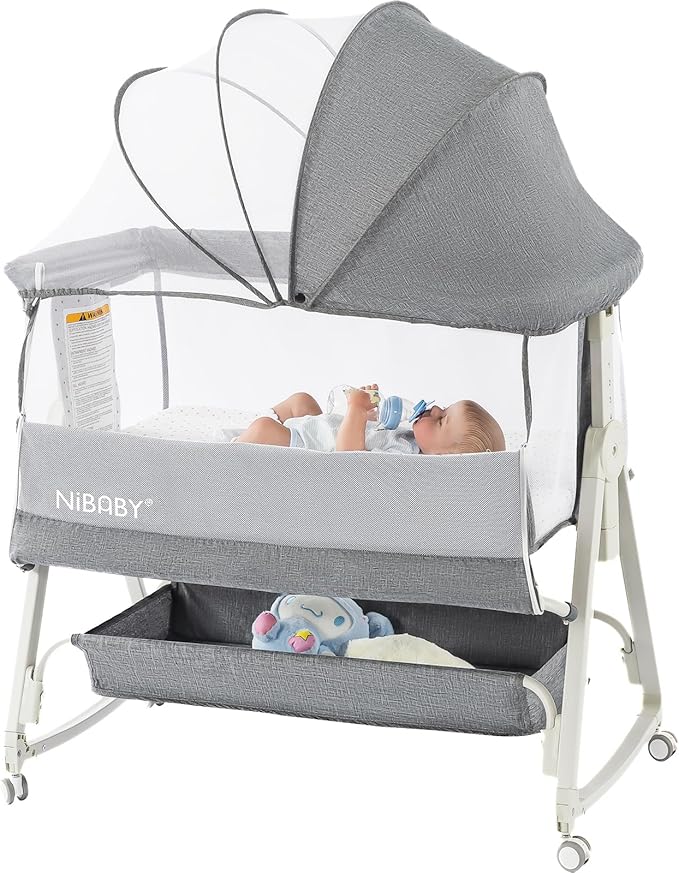 3 in 1 Baby Bassinet Bedside Sleeper, 6 Height Adjustable Portable Baby Crib Bedside Bassinet with Wheels, Mosquito Net & Storage Basket for Safe Co-Sleeping, Fit for Newborn/Infants (Gray)