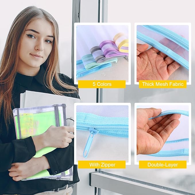 20 Pack Colored Mesh Zipper Pouch Bags,5 Color，A4 Double-Layer Nylon Puzzle Building Block Sets Toy Storage Organization, Mesh Bags with Zipper and Handle for School Office Playroom Storage