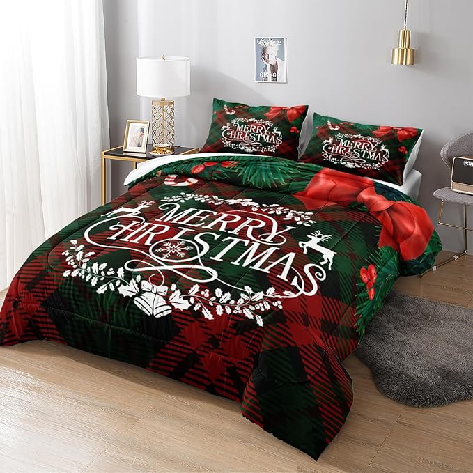 Bedbay Christmas Comforter Set King Size Bedding Set Xmas Bow Buffalo Checkered 4 Pieces Christmas Bedding Set 1 Comforter 2 Pillowcases 1 Cushion Cover(Red Green,King)