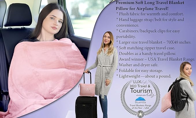 BlueHills Premium Soft Long Travel Blanket Pillow for Tall Airplane Flight Blanket 70 X48 inch Throw in Soft Bag case with Hand Luggage Belt & Backpack Clip Compact Pack Large Blanket Pink T055