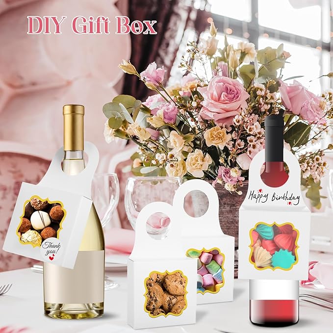 40PCS Wine Bottle Box with Window, Megitzuu Kraft Paper Wine Boxes for Gifts Hanging Wine Treat Box Mini Charcuterie Boxes Empty Champagne Bottles Gold Foil Gift Box Hanger Candy Box for Party (White)
