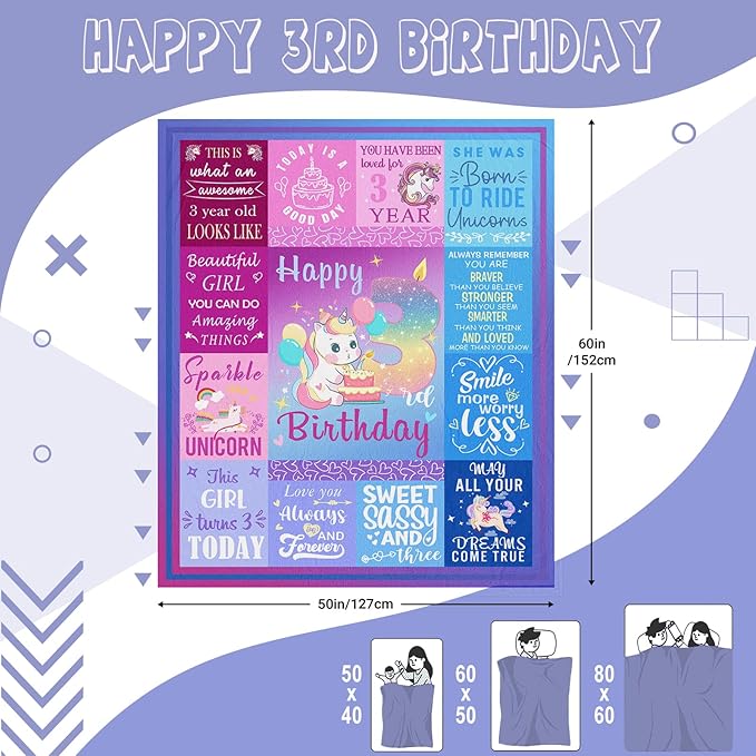 3 Year Old Girl Birthday Gift Ideas Blanket, Gifts for 3 Year Old Girl, 3 Year Old Birthday Decorations Girl, Three Year Old Girl Birthday Gifts, 3rd Birthday Girl Gifts 50"X40"