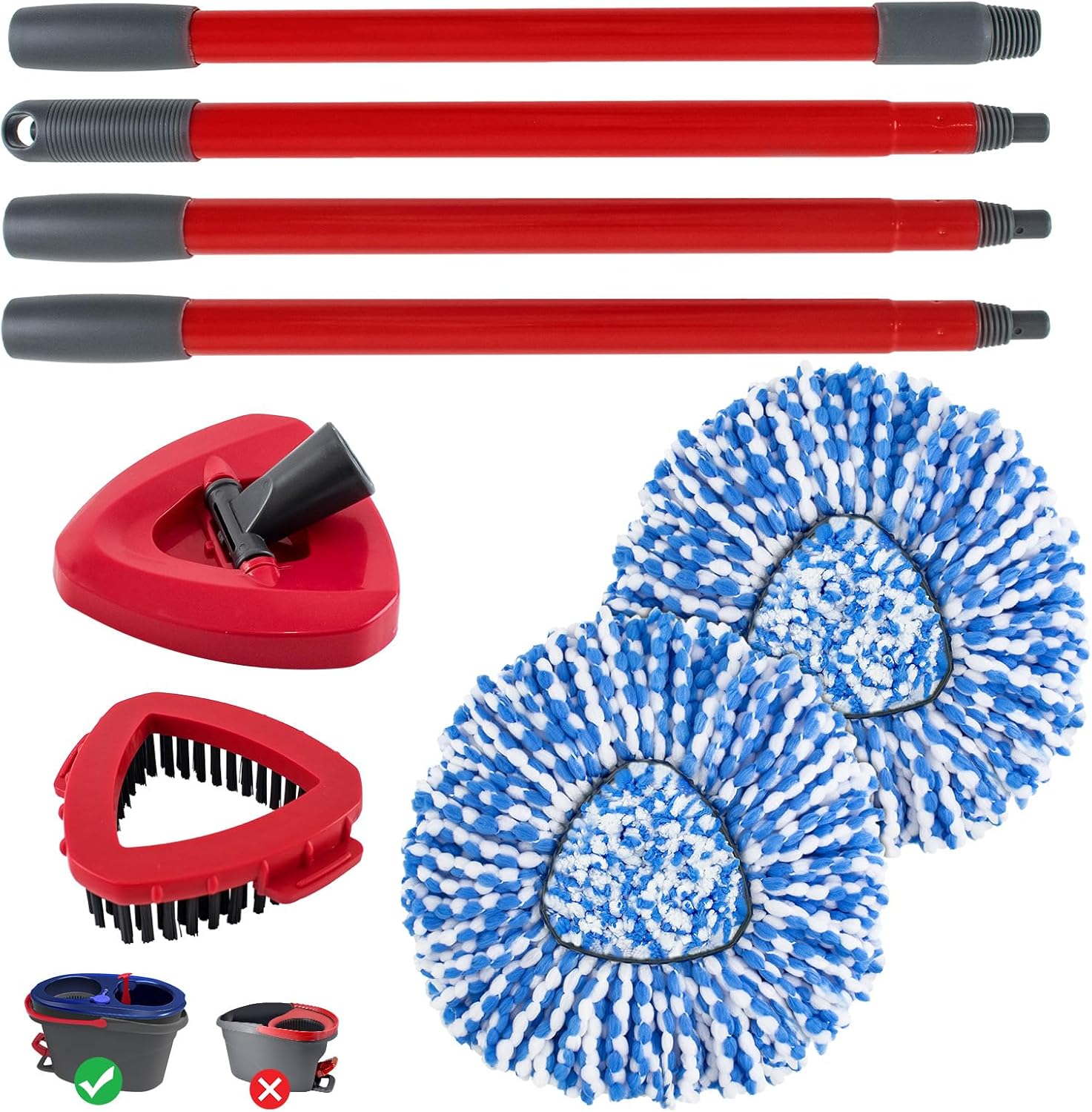 Spin Mop Head,Mop Handle,Base,Brush Compatible with Ocedar RinseClean 2 Tank Spin Mop System,2 Microfiber Spin Mops Replacement Head,4 Section Iron Mop Handle 30-58",Base and Scrub Brush Combo Set