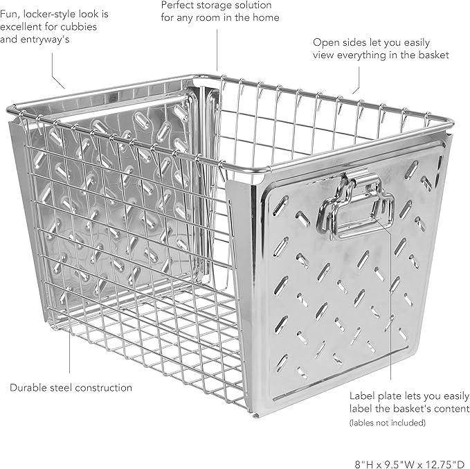 Tovolo Macklin, Stamped Steel & Wire Basket for Closet & Cubby Storage Vintage-Inspired Design with Customizable Label Plate, Medium, Zinc
