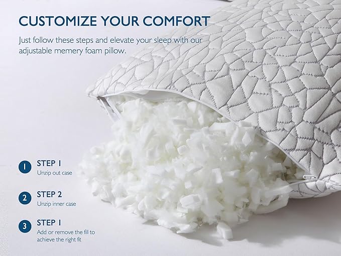 Dafinner Adjustable Shredded Memory Foam Pillow King Size - 100% Removable Cover from Bamboo Derived Rayon, Cooling Medium Bed Pillow for Side Stomach & Back Sleepers - Pack of 1, 20"x36"