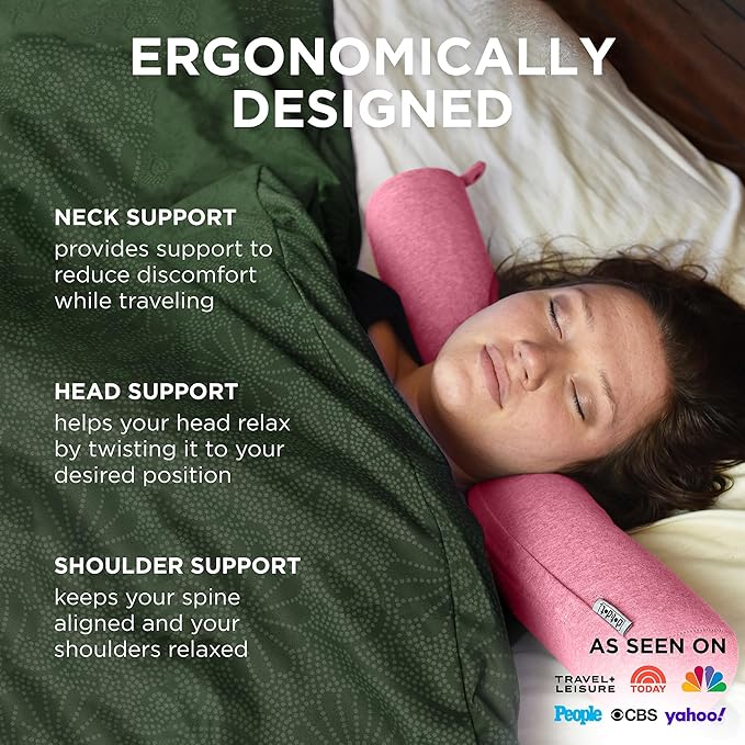 Dot&Dot Twist Memory Foam Travel Pillow for Airplanes - Travel Neck Pillow for Sleeping - Airplane Pillow for Neck Support, Chin, Lumbar and Leg - Adjustable, Bendable Neck Roll Pillow (Pink)