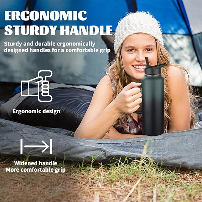 40oz Insulated Water Bottle with Handle, Stainless Steel Sports Metal Water Flask with Straw & 2 Leak Proof Lids, Double Walled Vacuum Wide Mouth Water Bottle for Travel,Camping,Gym (Dark Green Black)