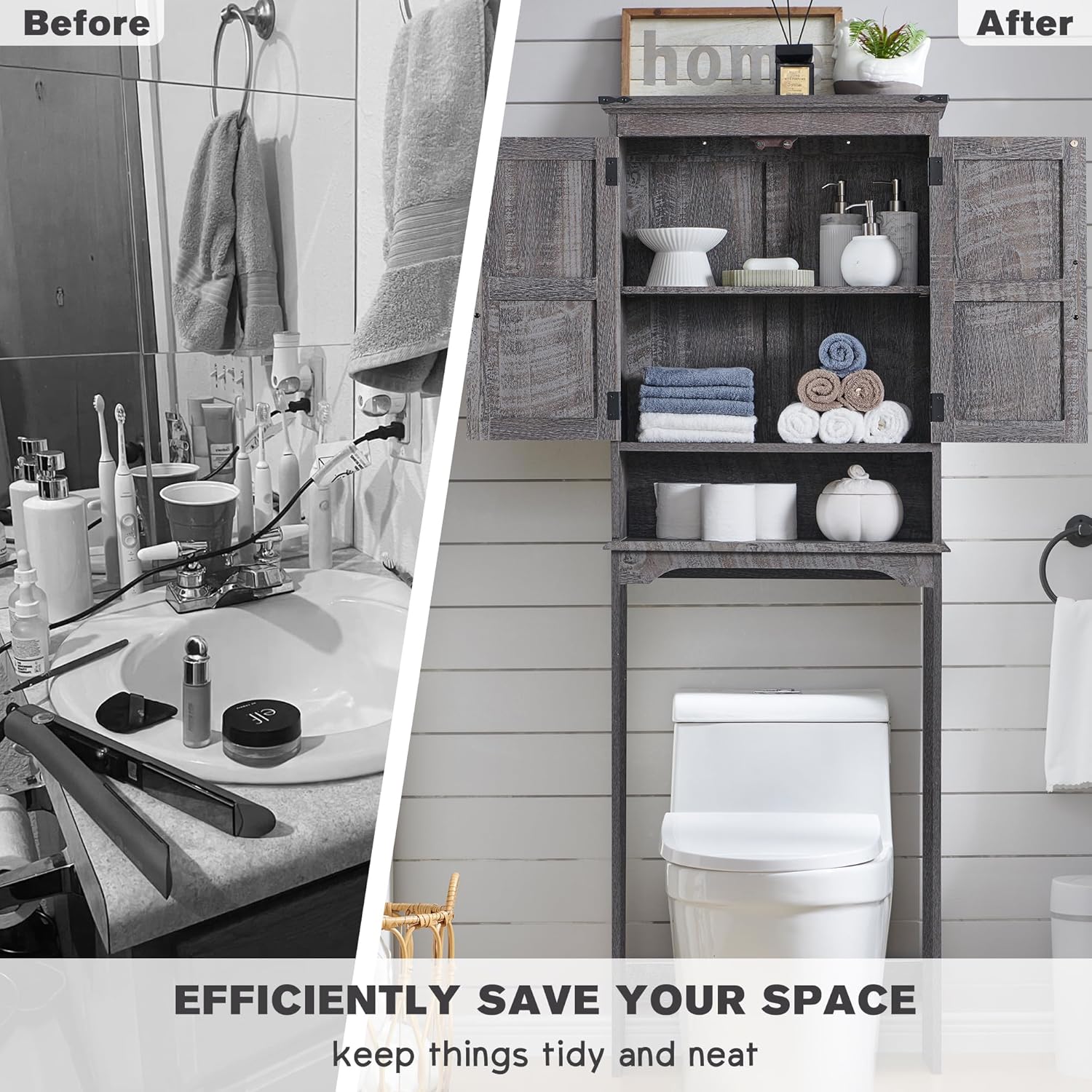 Over The Toilet Storage Cabinet, Farmhouse Bathroom Cabinet with Adjustable Shelf & Barn Door, 67" Tall Over The Toilet Shelf, Grey Wash