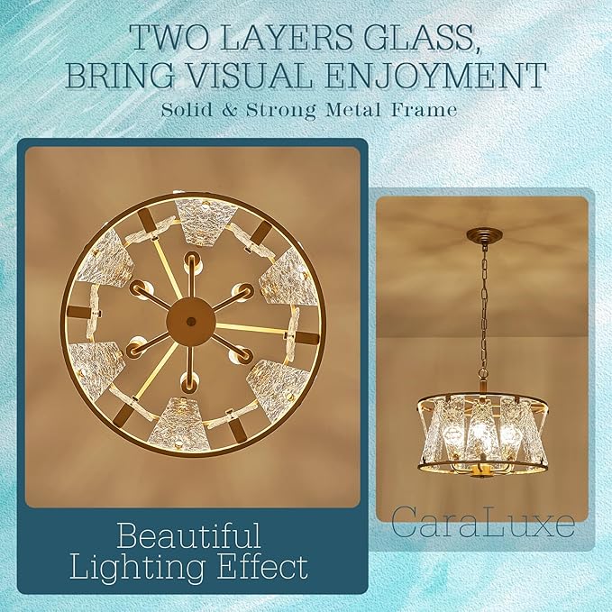 Modern Gold Round Chandelier 6 Light Drum Glass Chandelier Light Fixture18in Hammered Glass Chandelier for Dining Room Kitchen Entryway Bedroom Breakfast Nook