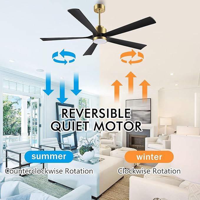 52" Modern Ceiling Fan with Light and Remote Control, 5 Solid Wood Blades 6-Speed Noiseless Reversible DC Motor, Ceiling Fan for Bedroom Dinning Living Room, Gold Finish with Black Blades