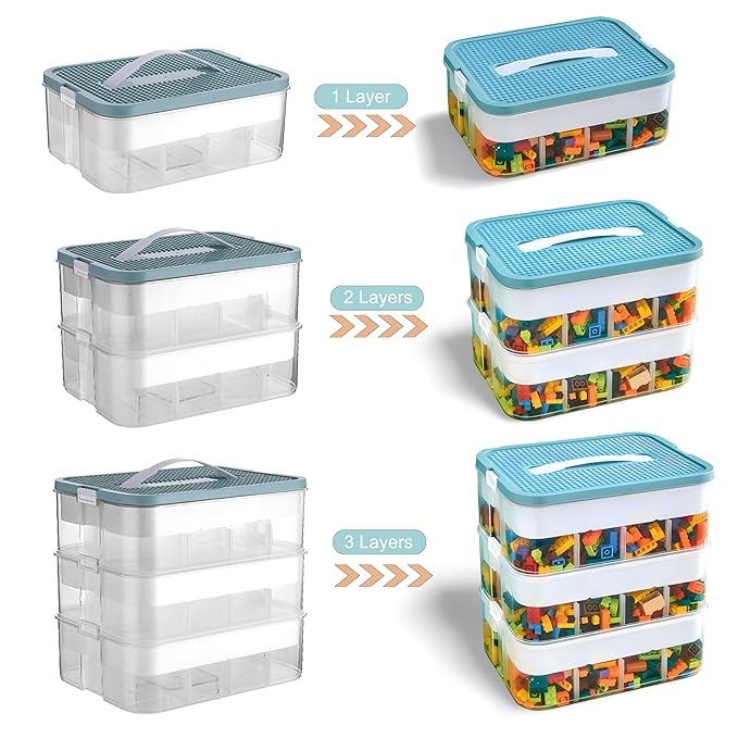 3-Tier Stackable Toy Storage Box with Lid Dividers, Kid Toy Blocks Organizer Container Removable Tray, Plastic Toy Chest Organizer for Baby Nursery Playroom - Toy Blocks Not Included