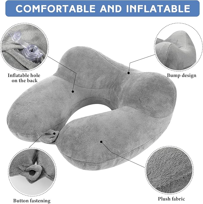 Sintuff 2 Pack Inflatable Travel Pillow for Airplanes Inflatable Neck Pillows with Compact Bag and Blindfold Soft Flight Pillow for Traveling, Airplane, Train, Car, Office(Light Gray and Sky Blue)