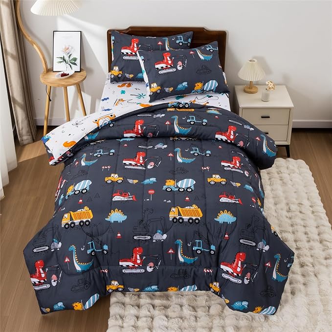 Meeting Story Construction Truck Car Twin Kid Comforter Set for Boys,5 Pieces Dinosaur Bedding Set with Sheets and Pillowcases，Excavator Lightweight Microfiber Bedding Sets（Grey，Twin5pcs）