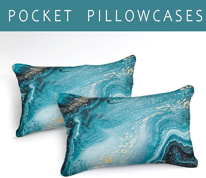 Bedbay Blue and Gold Marble Comforter Set for Girls Boys Teal Blue Bedding Set Twin 3 Pcs Western Bedding Comforter Abstract Art Duvet Set Soft Down Alternative Comforter Bedroom Decor(Blue,Twin)