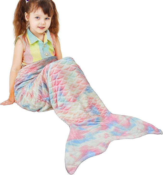 Catalonia Kids Mermaid Tail Blanket, Super Soft Plush Flannel Sleeping Snuggle Blanket for Girls, Cotton Candy, Fish Scale Pattern, Mermaid Gifts for Girls Birthday