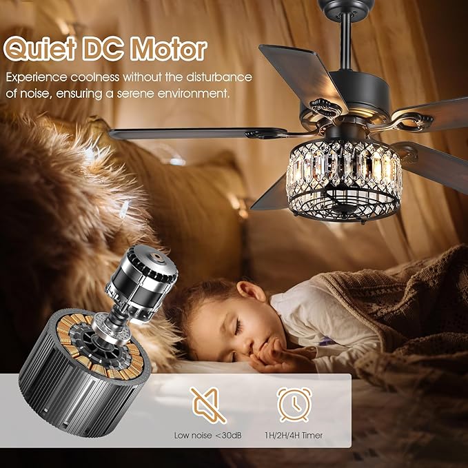 Chandelier Ceiling Fans with Lights, Crystal Ceiling Fan with Remote, 48 Inch Farmhouse Fandelier Ceiling Fan for Living Room Dining Room Bedroom, Dual Finish Wooden Blades, Black