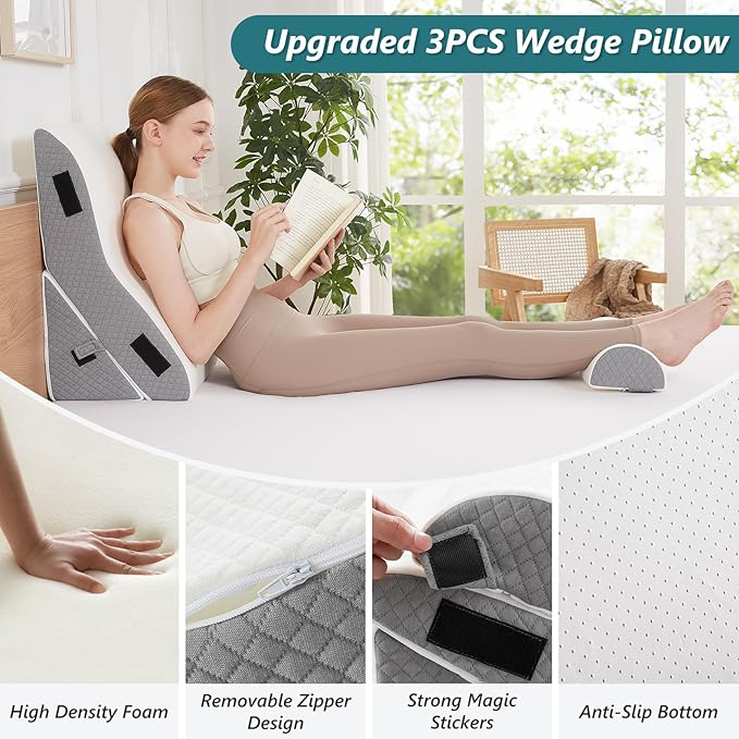 3 PCS Upgraded Bed Wedge Pillow for Sleeping - 35D Post Surgery Pillow for Back Leg Pain Relief - 22" Wide Adjustable Triangle Wedge Pillow Set for Acid Reflux & GERD & Snoring(white grey)