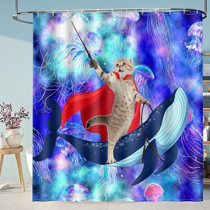 Aimego Long Funny Shower Curtain - Cute Cat Riding Whale on Space Galaxy Fantasy Jellyfish Fabric Cloth Shower Curtain Set with 12 Hooks for Kids Bathroom Decor Accessories Bathtub Curtain, 72"x78"